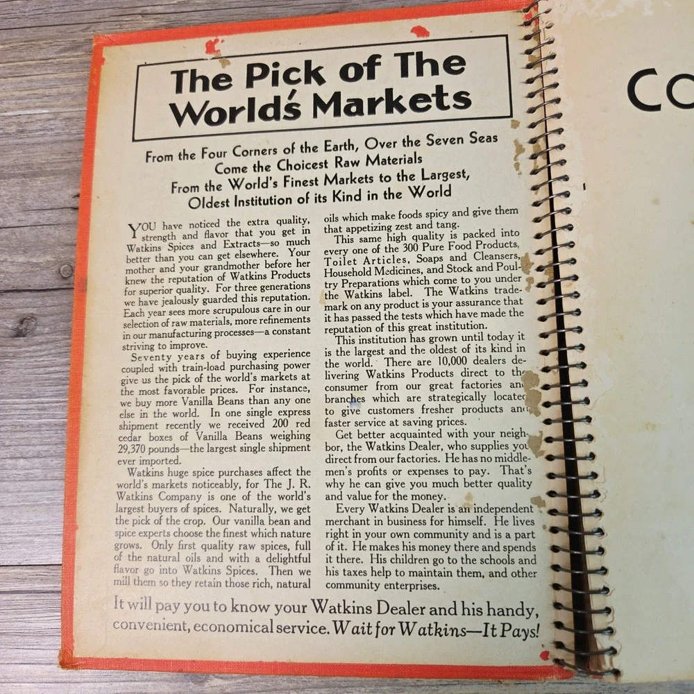 Vintage 1936 Watkins Cook Book Spiral Bound Retro Recipes JR Watkins Co Winona